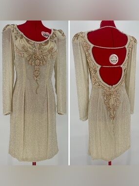 VTG Alyce Designs Pale Nude Champagne Long Sleeve Heavily Beaded Open Back Dress